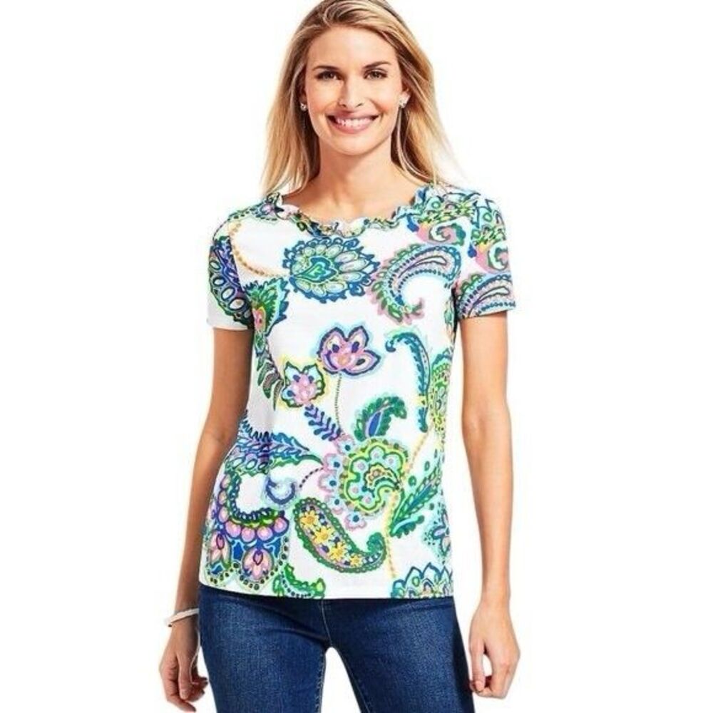 Talbots Top Womens Size XL Colorful Floral Paisley T-Shirt Pima Cotton Ruffle